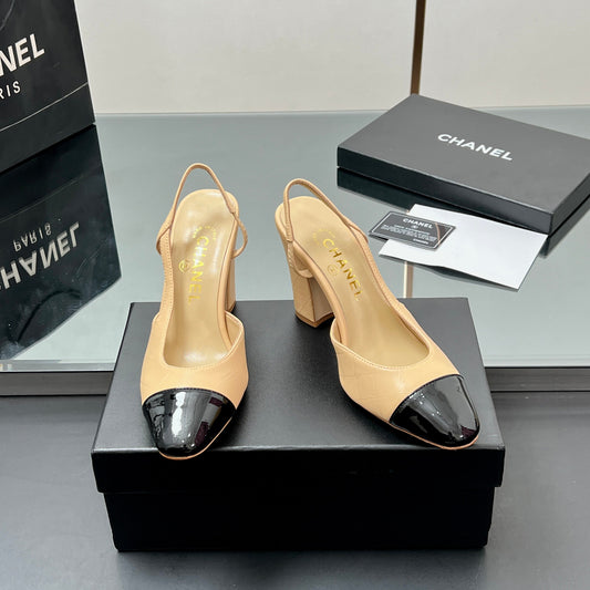 CC SLINGBACK 25S 90 MM IN BEIGE LAMBSKIN AND BLACK GLOSSY LEATHER WITH CHECK PATTERN - 35