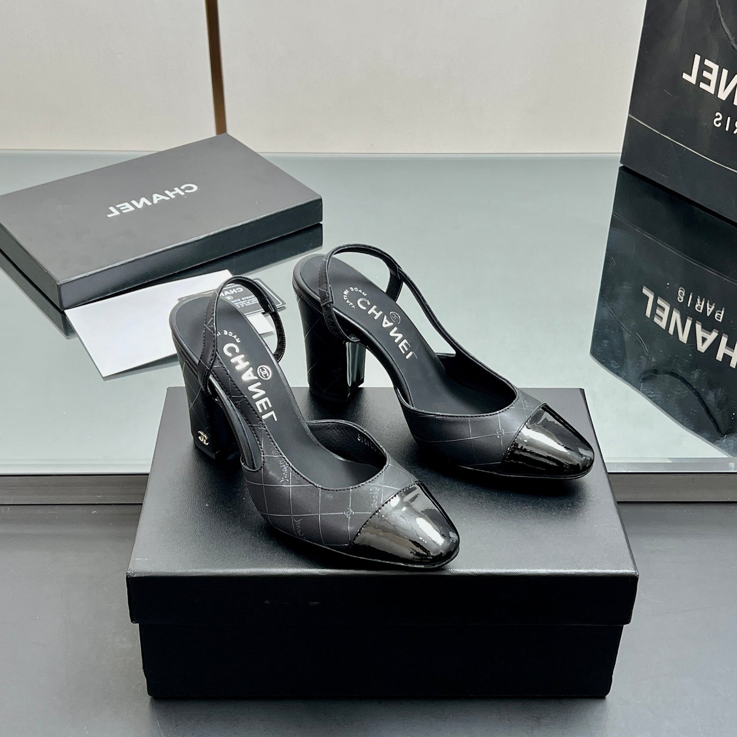 CC SLINGBACK 25S 90 MM IN BLACK LAMBSKIN WITH CHECK PATTERN - 35