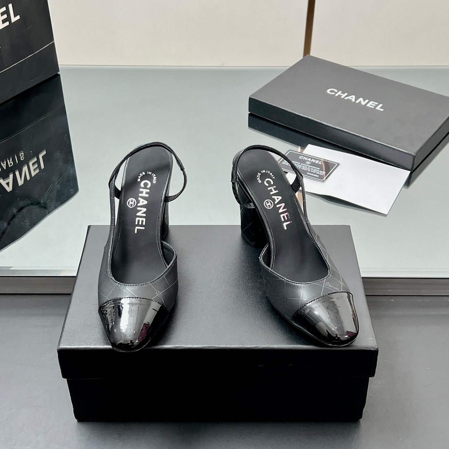 CC SLINGBACK 25S 90 MM IN BLACK LAMBSKIN WITH CHECK PATTERN - 35