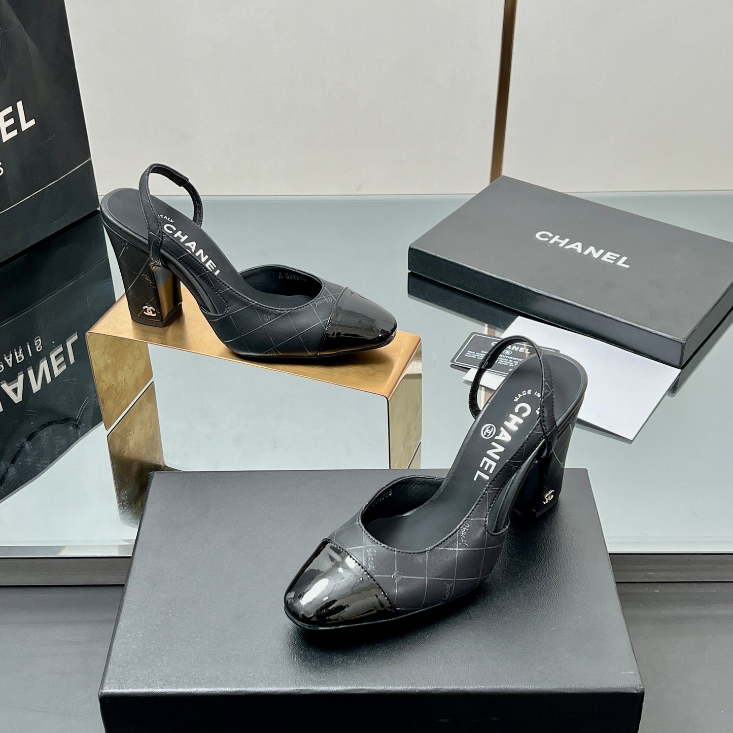 CC SLINGBACK 25S 90 MM IN BLACK LAMBSKIN WITH CHECK PATTERN - 35