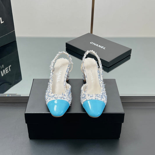 CC SLINGBACK 25S 65 MM IN BLUE TWEED AND GLOSSY LEATHER - 35