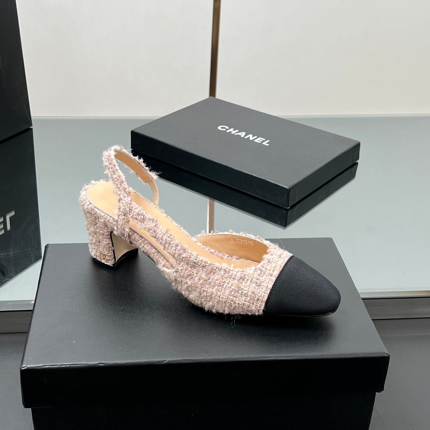 CC HIGH SLINGBACK 25S 65 MM IN PINK TWEED MIX BLACK FABRIC - 35