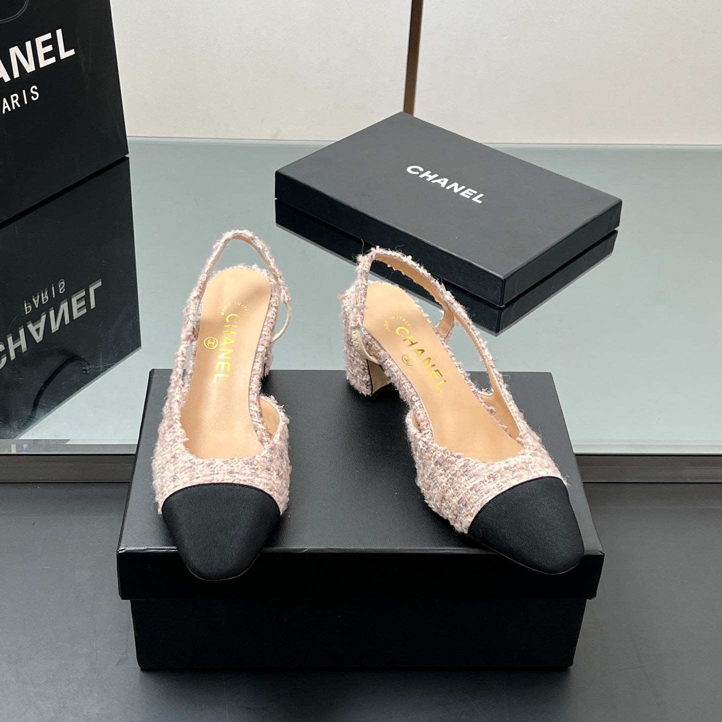 CC HIGH SLINGBACK 25S 65 MM IN PINK TWEED MIX BLACK FABRIC - 35