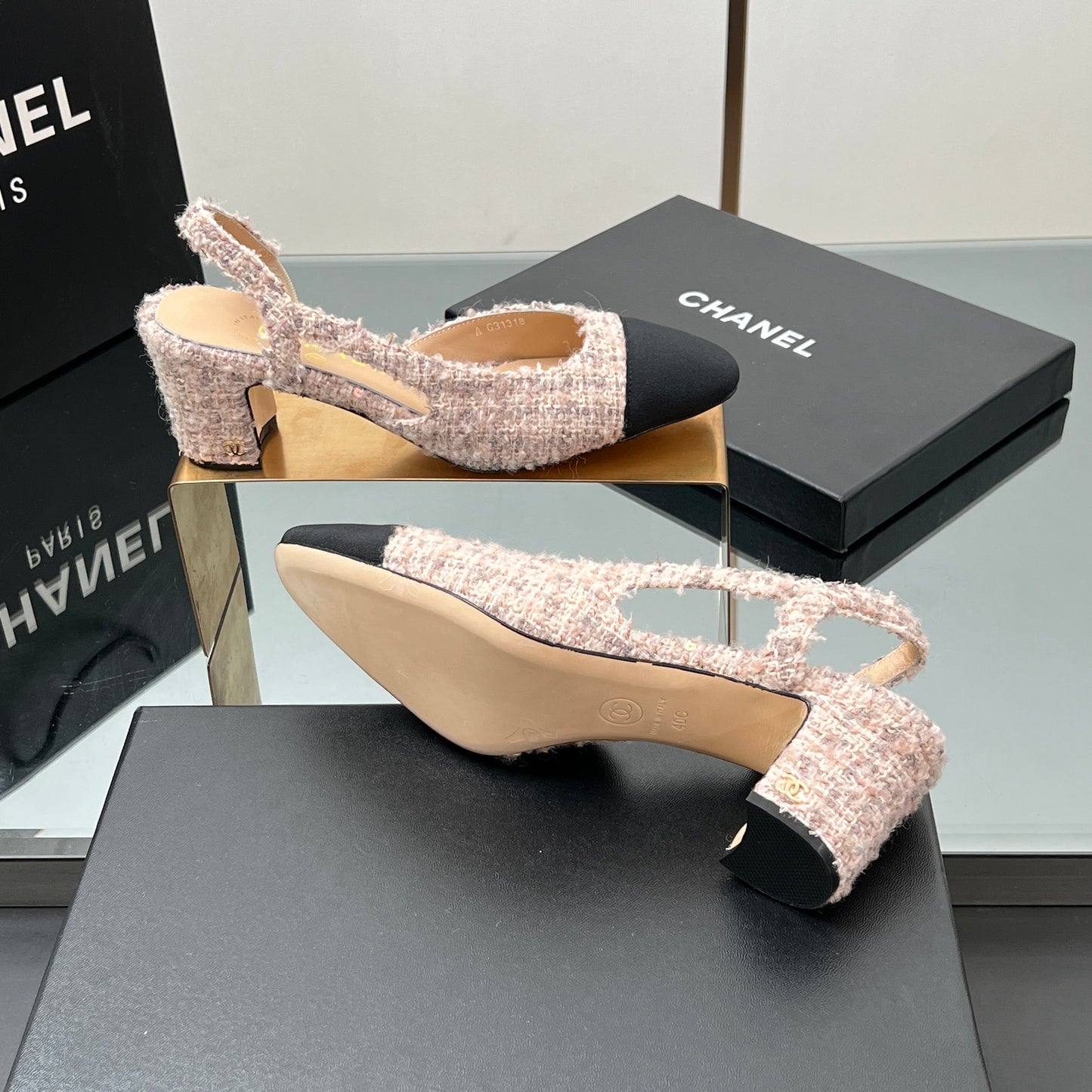CC HIGH SLINGBACK 25S 65 MM IN PINK TWEED MIX BLACK FABRIC - 35