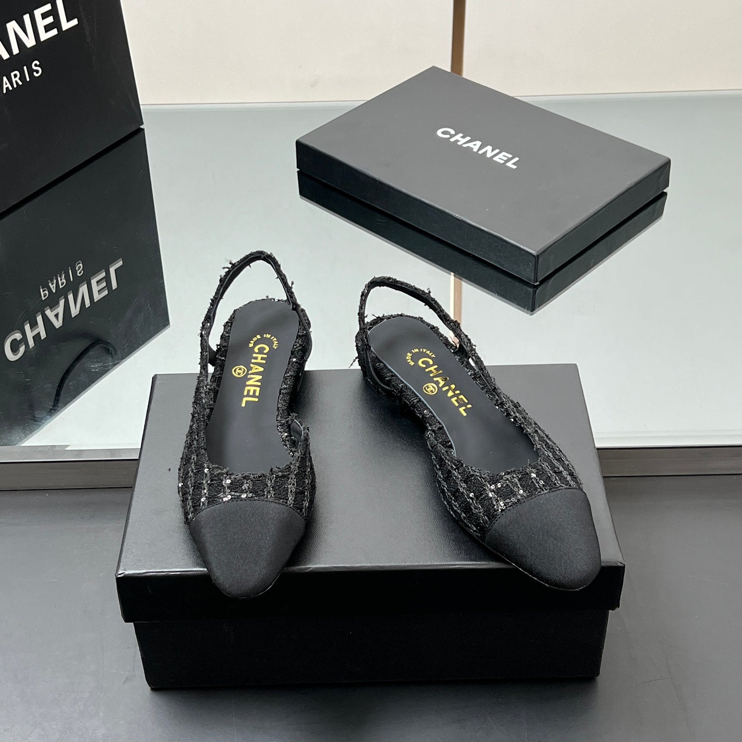 CC SLINGBACK 25S IN BLACK FABRIC AND TWEED SEQUINED - 35