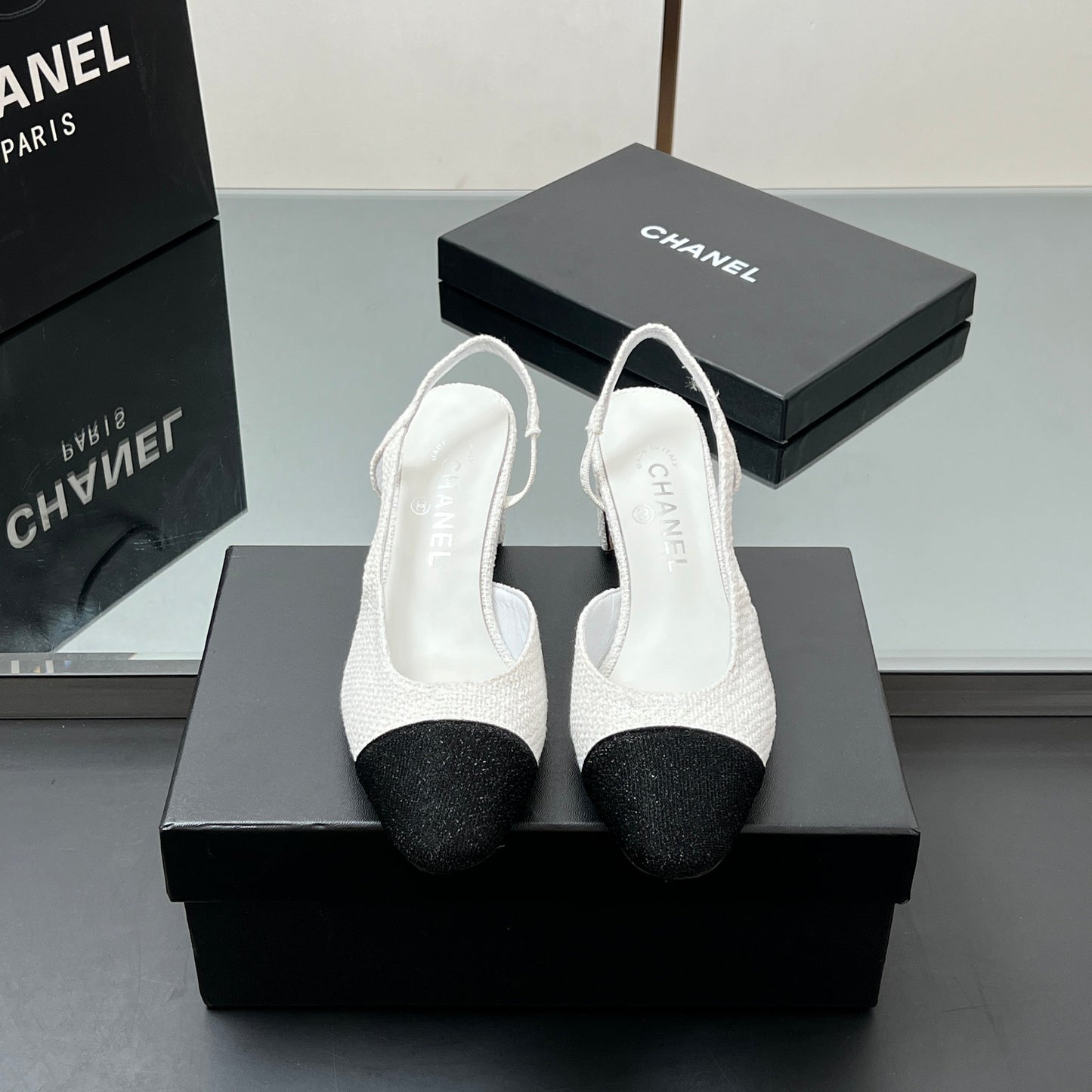 CC SLINGBACK 25S 65 MM IN WHITE AND BLACK TWEED - 35