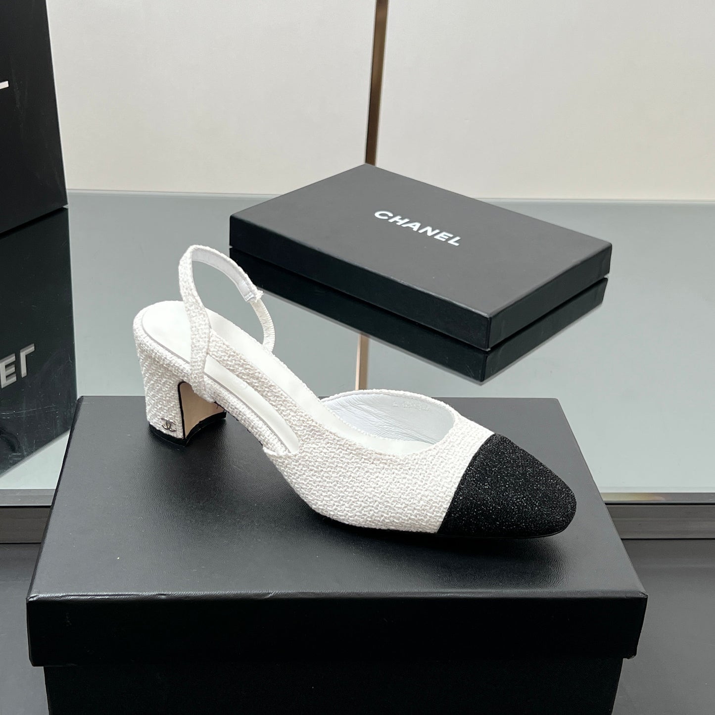 CC SLINGBACK 25S 65 MM IN WHITE AND BLACK TWEED - 35