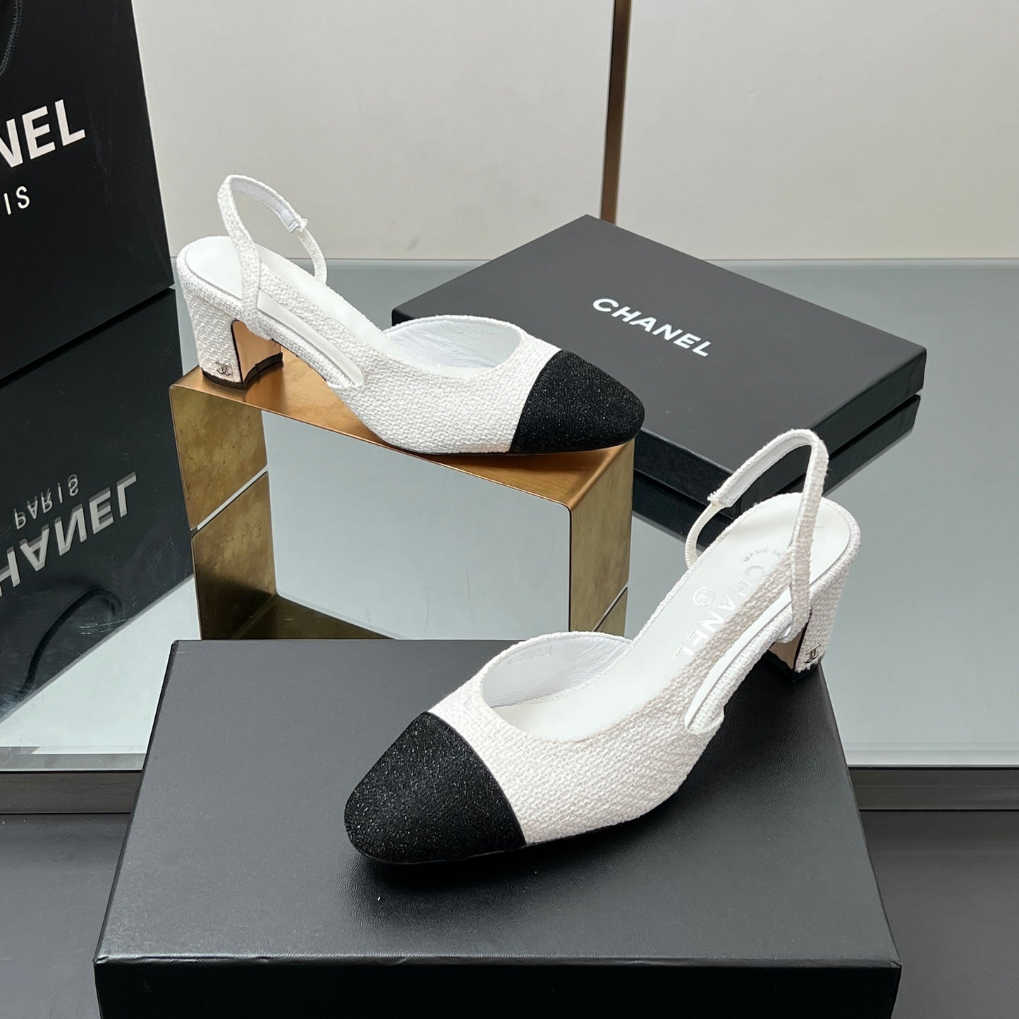CC SLINGBACK 25S 65 MM IN WHITE AND BLACK TWEED - 35