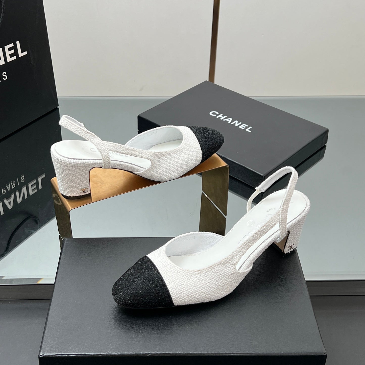 CC SLINGBACK 25S 65 MM IN WHITE AND BLACK TWEED - 35