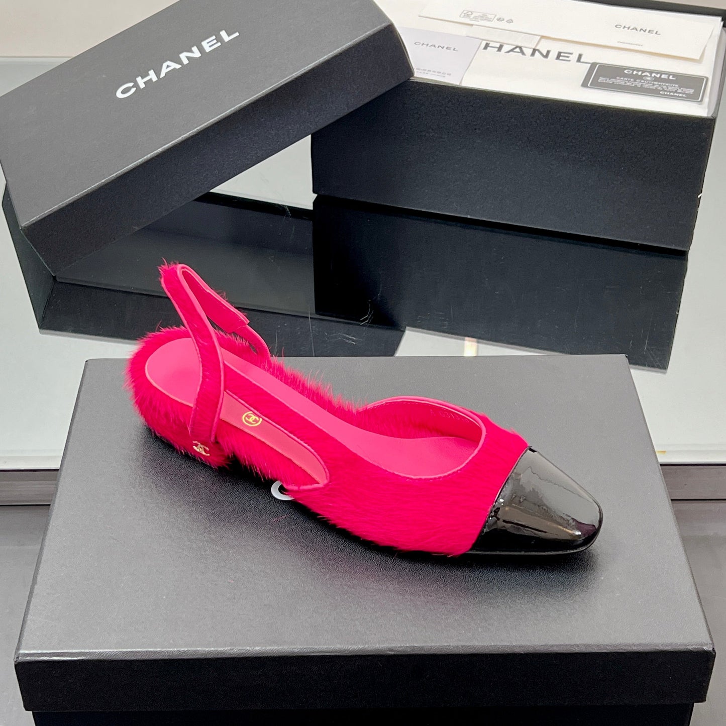 CC PONY HAIR SLINGBACK 25S IN PINK MIX BLACK GLOSSY LEATHER - 34