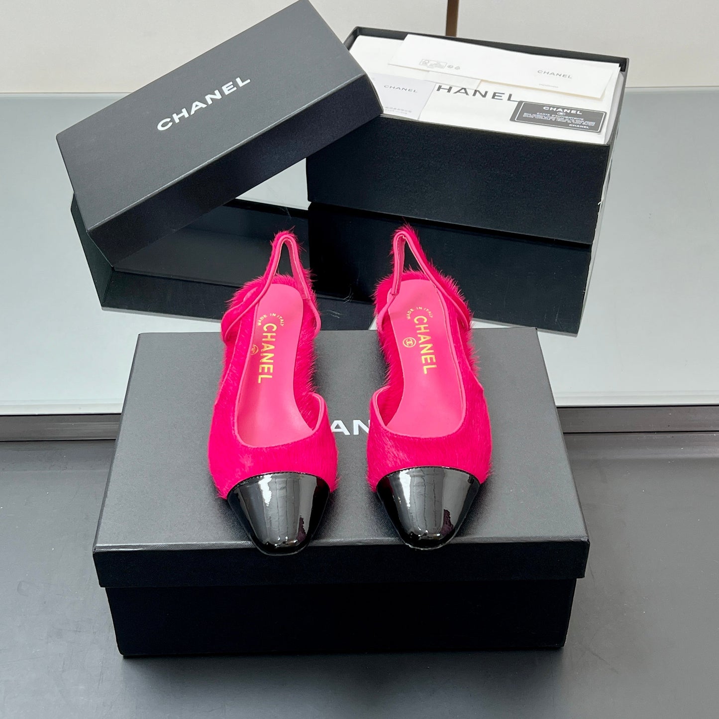 CC PONY HAIR SLINGBACK 25S IN PINK MIX BLACK GLOSSY LEATHER - 34