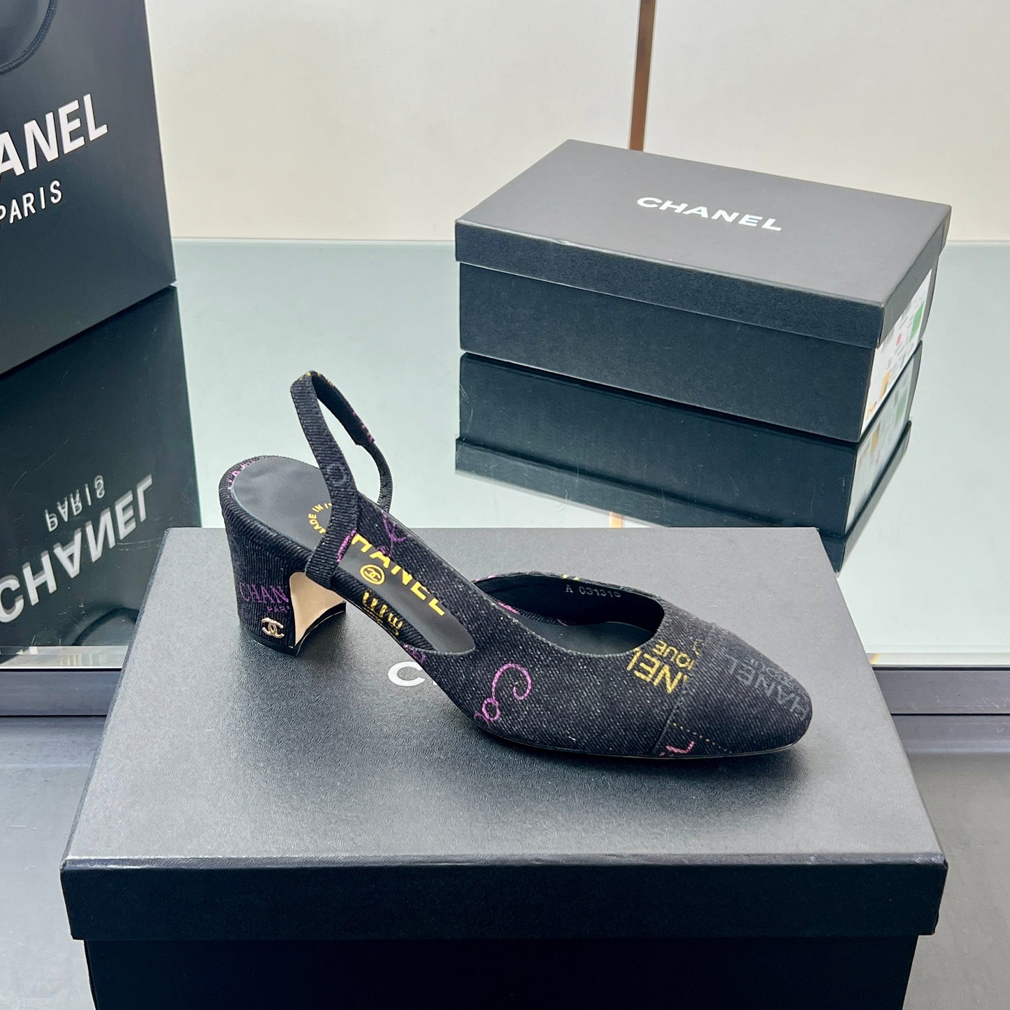 CC SLINGBACK 25S 65 MM IN BLACK FABRIC PRINT BRAND LOGO - 35