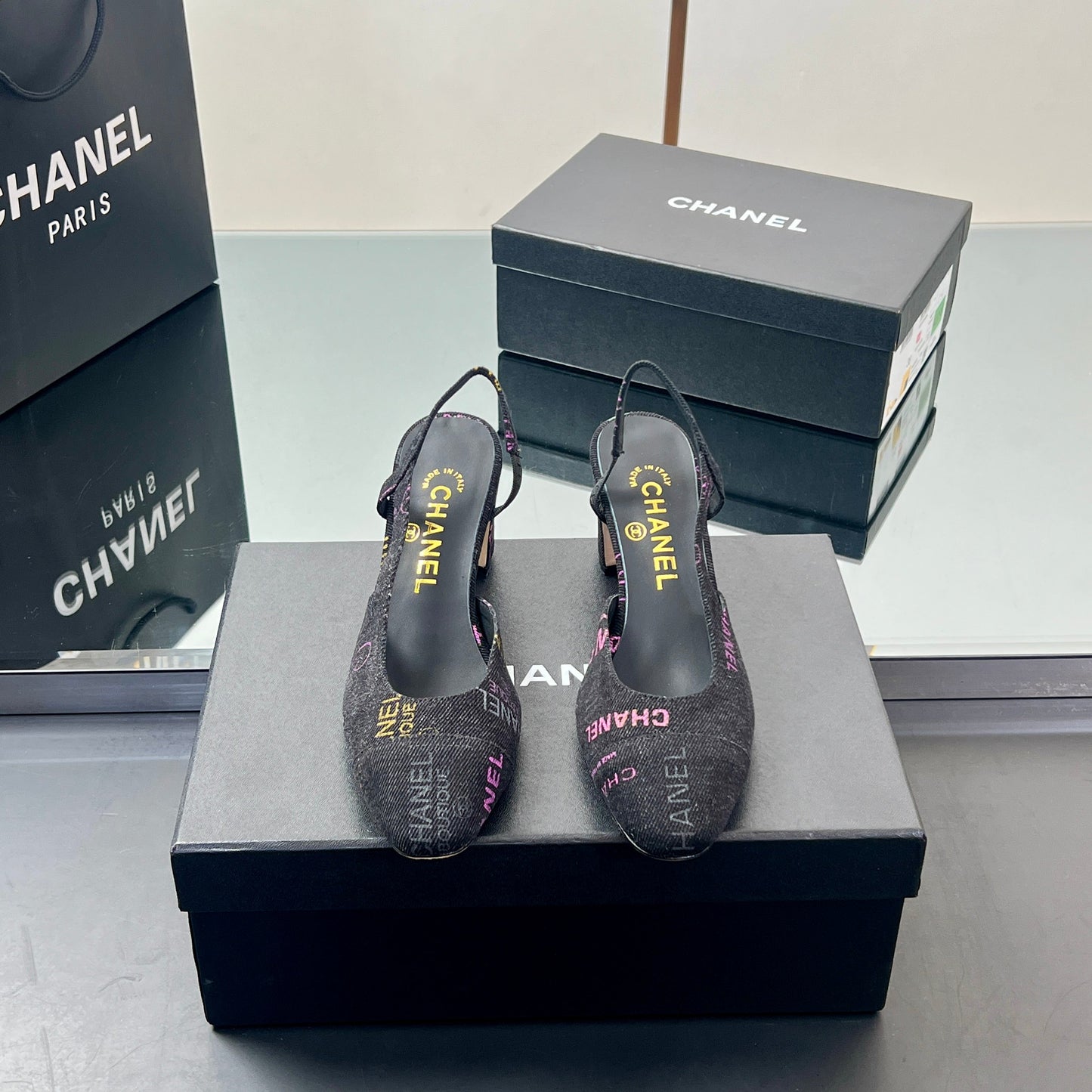 CC SLINGBACK 25S 65 MM IN BLACK FABRIC PRINT BRAND LOGO - 35