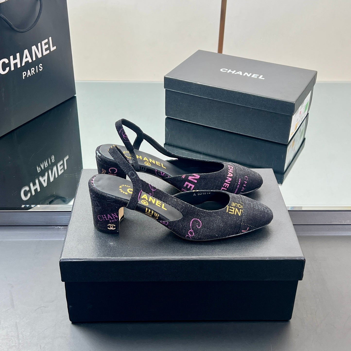 CC SLINGBACK 25S 65 MM IN BLACK FABRIC PRINT BRAND LOGO - 35