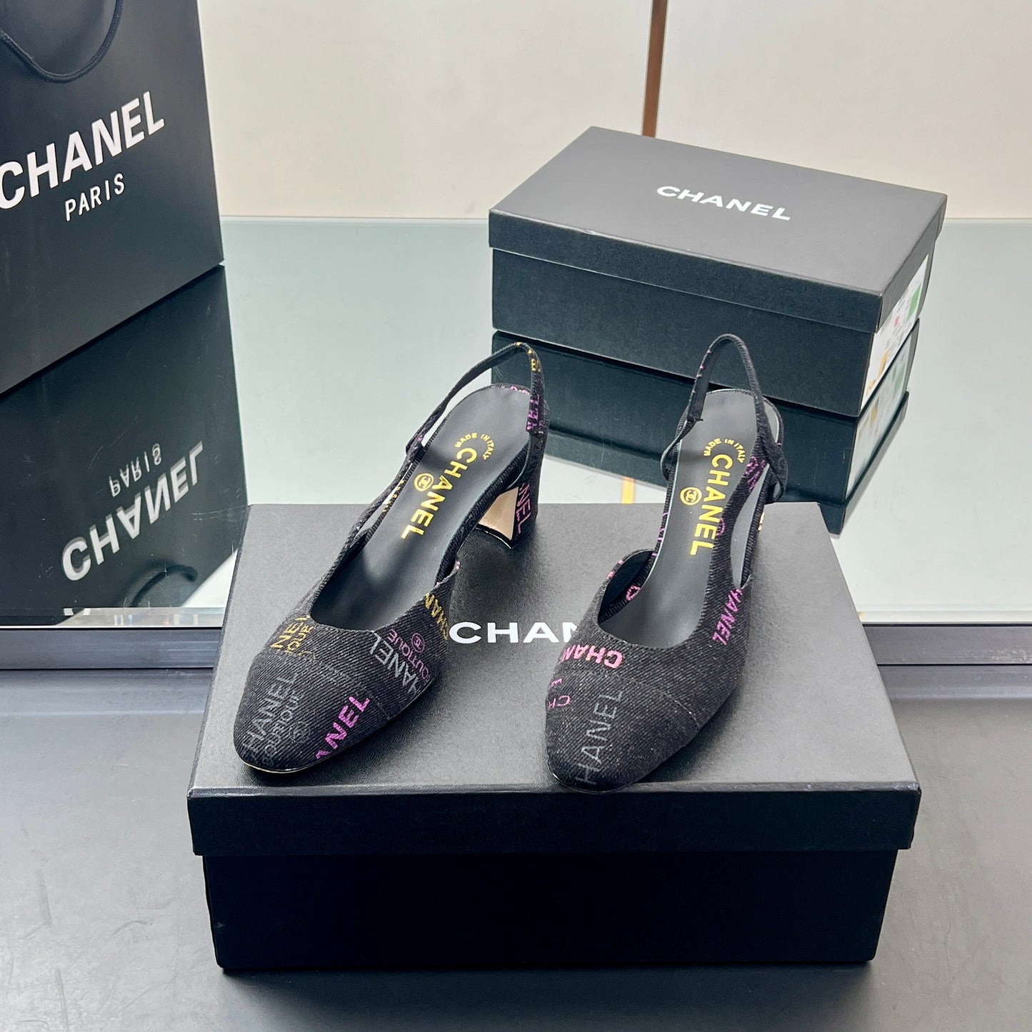 CC SLINGBACK 25S 65 MM IN BLACK FABRIC PRINT BRAND LOGO - 35