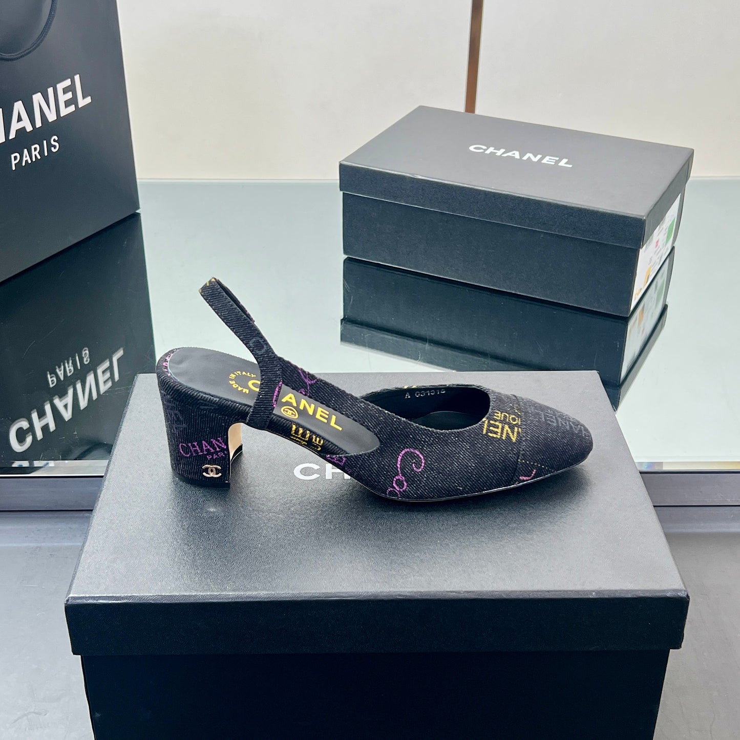 CC SLINGBACK 25S 65 MM IN BLACK FABRIC PRINT BRAND LOGO - 35