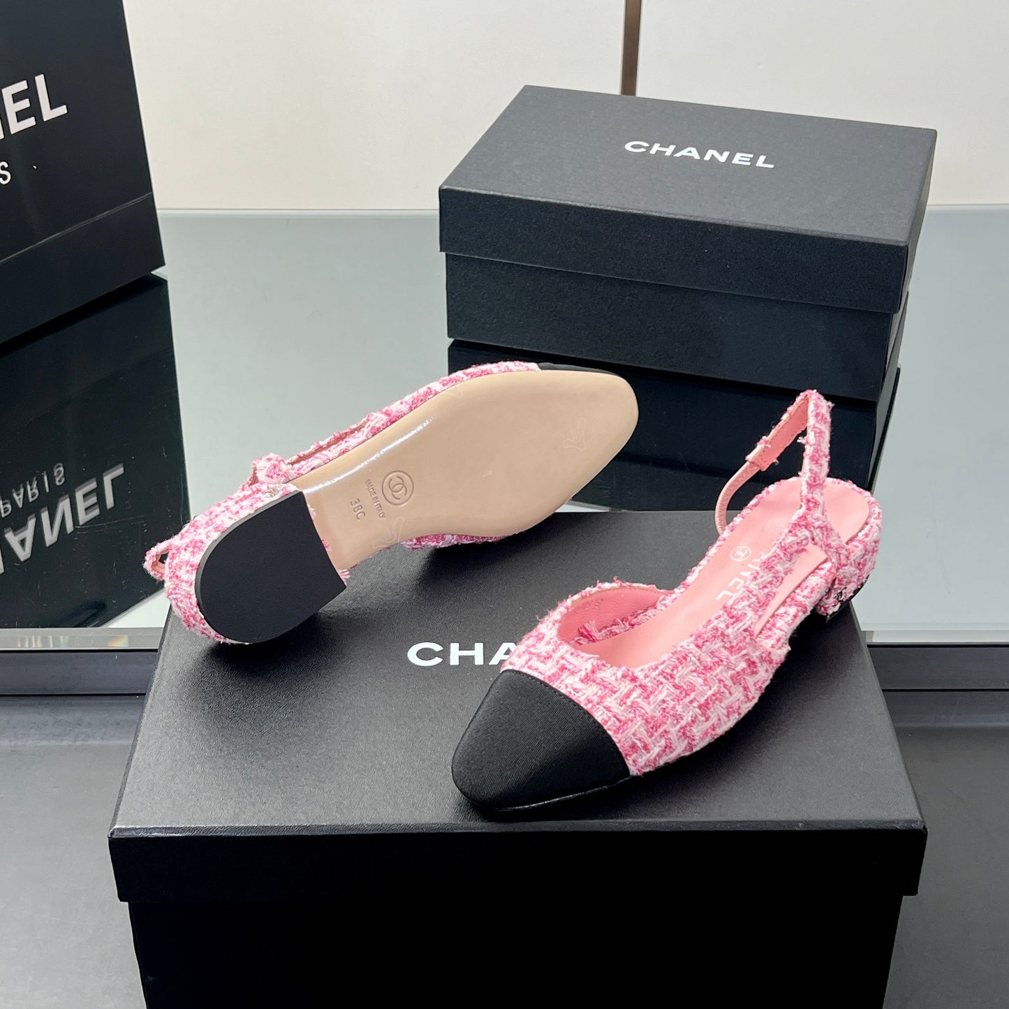CC SLINGBACK 25S 25 MM IN PINK TWEED AND BLACK FABRIC - 35