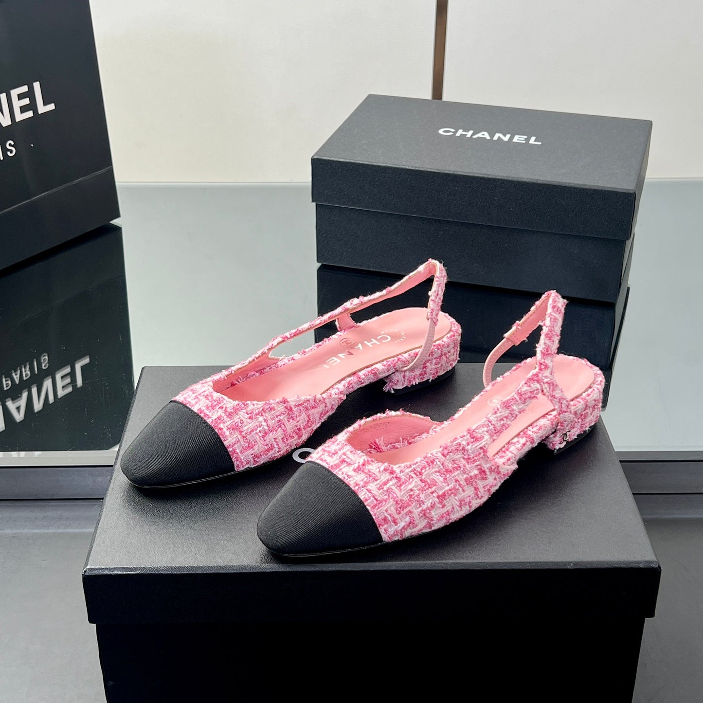 CC SLINGBACK 25S 25 MM IN PINK TWEED AND BLACK FABRIC - 35