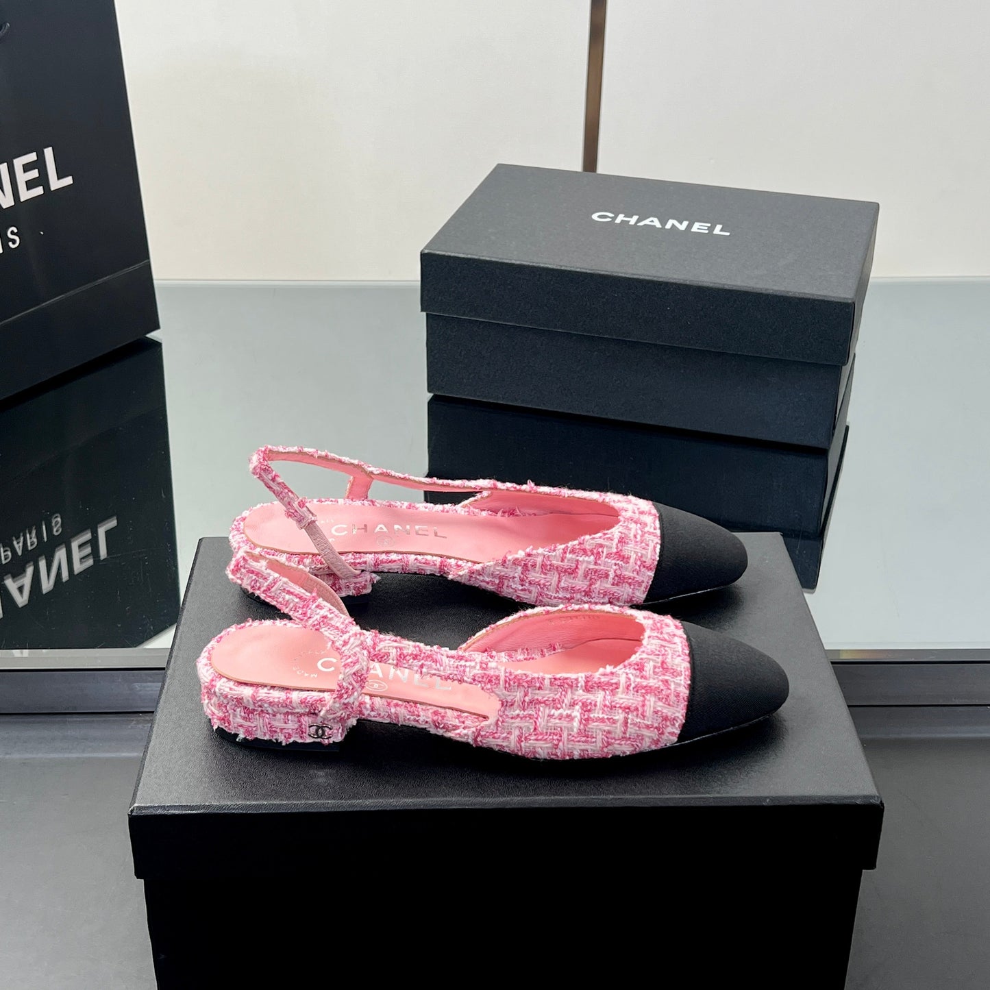 CC SLINGBACK 25S 25 MM IN PINK TWEED AND BLACK FABRIC - 35