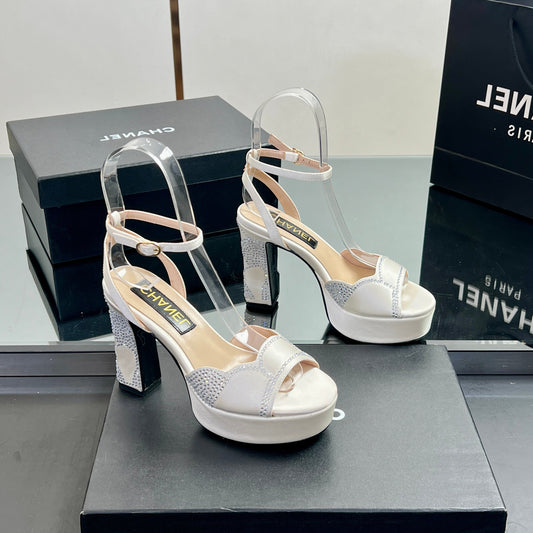 HIGH HEELS SANDAL 90 MM IN WHITE CALFSKIN AND STONE - 35