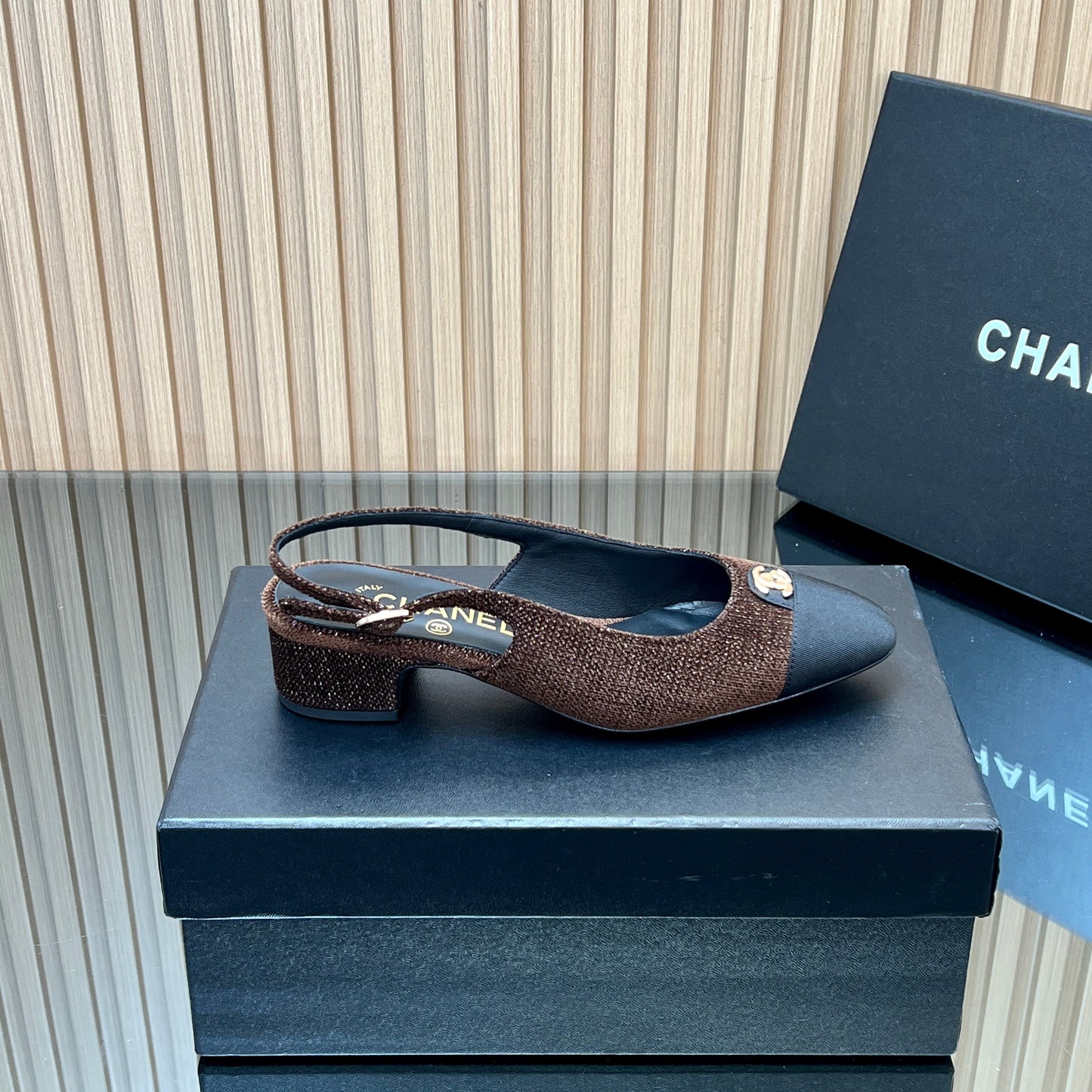 CHANEL 25S SLINGBACK SHOE 45MM IN BROWN TWEED - 35