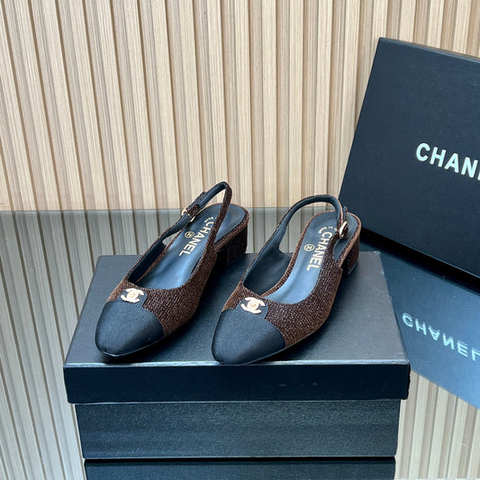 ТУФЛІ-СЛІНГБЕКИ CHANEL 25S 45 ММ З КОРИЧНЕВОГО ТВІДУ - 35