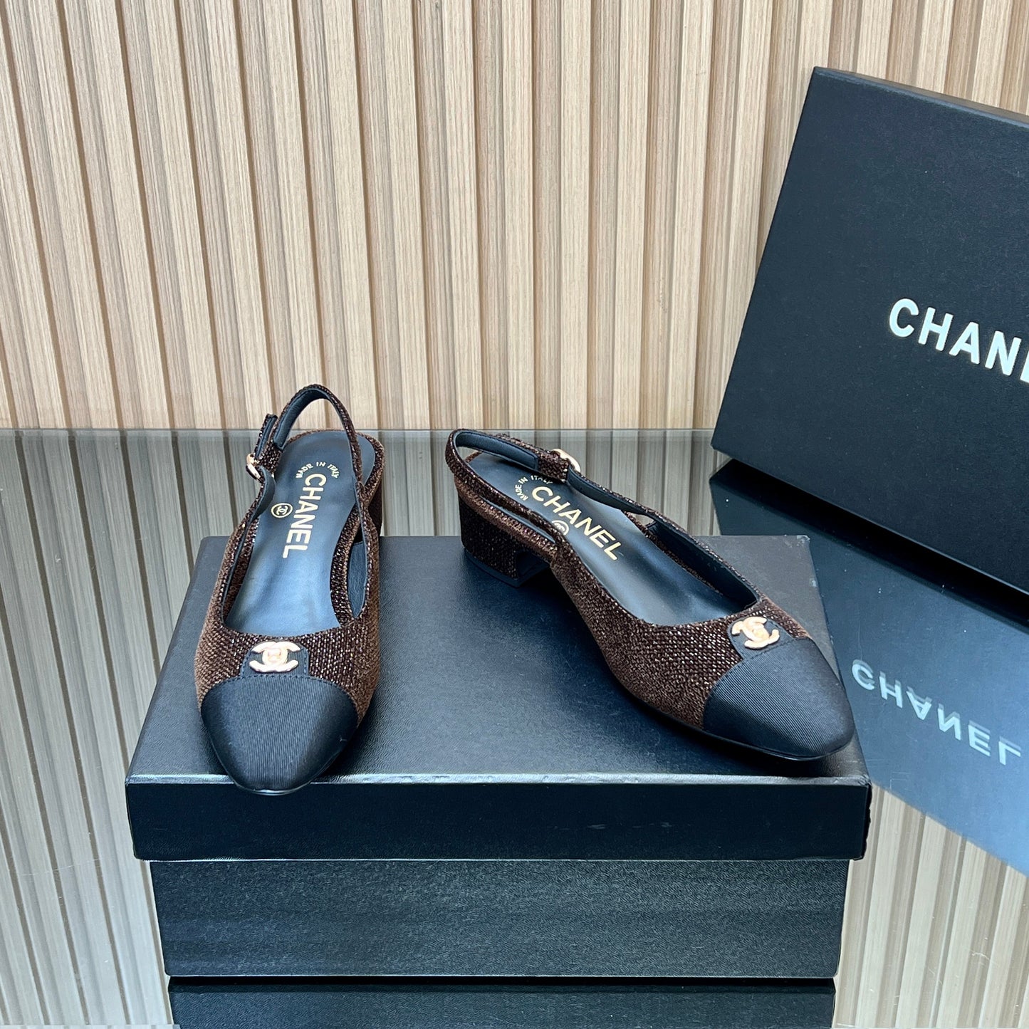CHANEL 25S SLINGBACK SHOE 45MM IN BROWN TWEED - 35