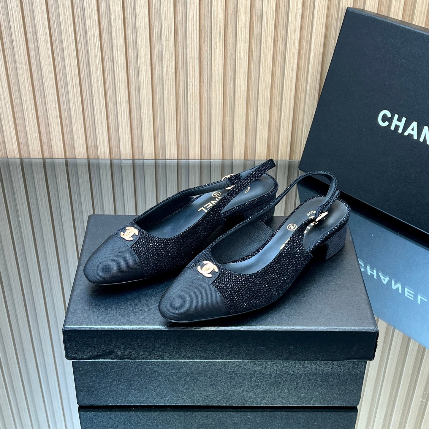 CHANEL 25S SLINGBACK SHOE 45MM IN BLACK TWEED - 35