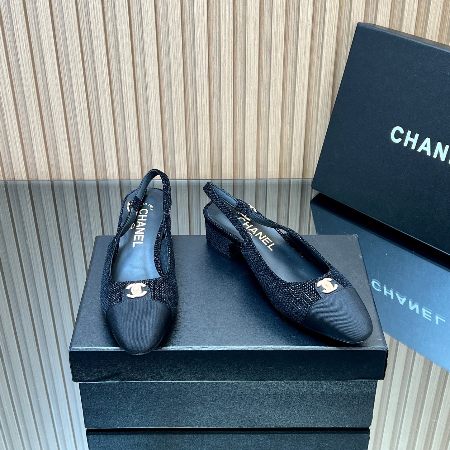 CHANEL 25S SLINGBACK SHOE 45MM IN BLACK TWEED - 35