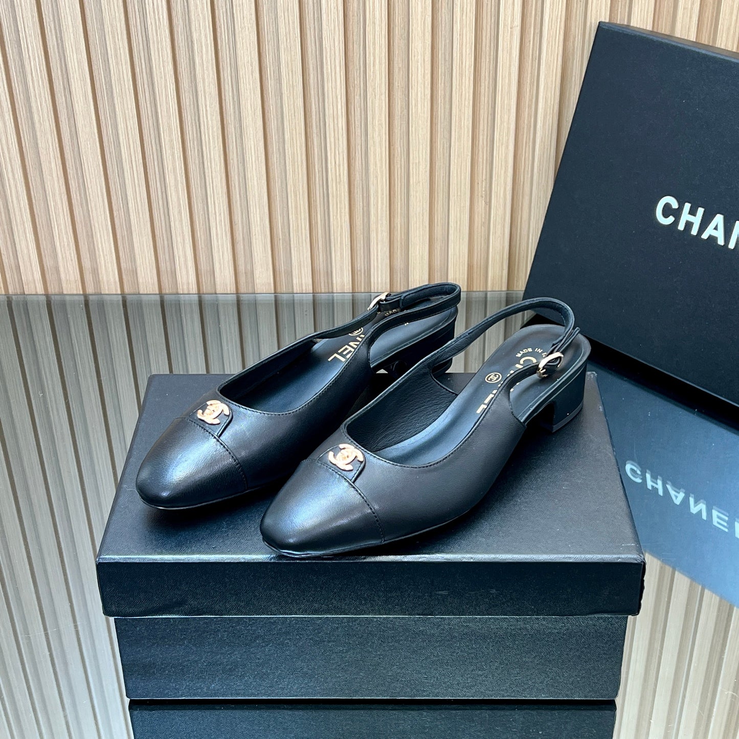 CHANEL 25S SLINGBACK SHOE 45MM IN BLACK CALFSKIN GOLD HARDWRE - 35