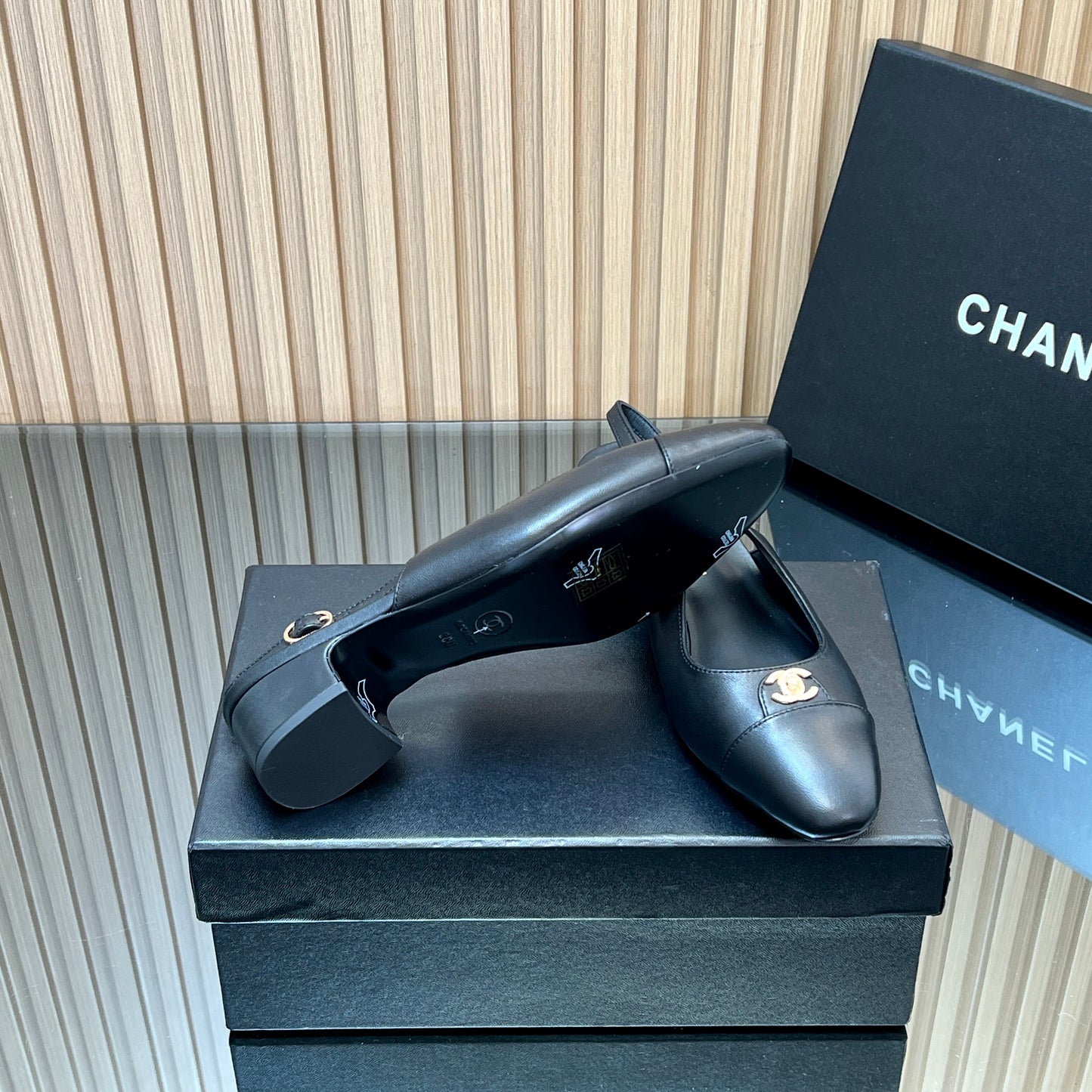 CHANEL 25S SLINGBACK SHOE 45MM IN BLACK CALFSKIN GOLD HARDWRE - 35