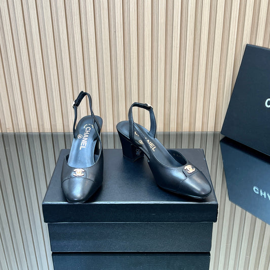 CHANEL 25S SLINGBACK SHOE LOGO 65MM IN BLACK CALFSKIN GOLD HARDWRE - 35