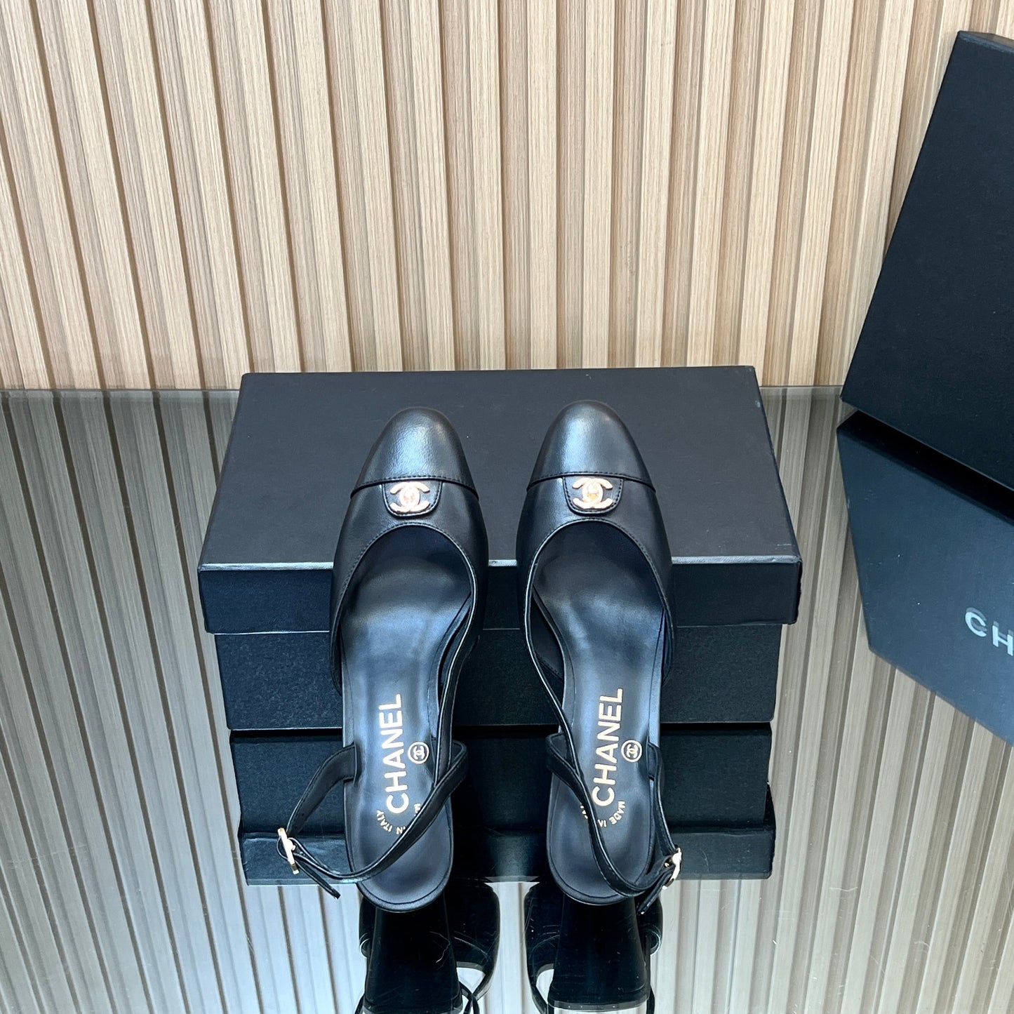 CHANEL 25S SLINGBACK SHOE LOGO 65MM IN BLACK CALFSKIN GOLD HARDWRE - 35