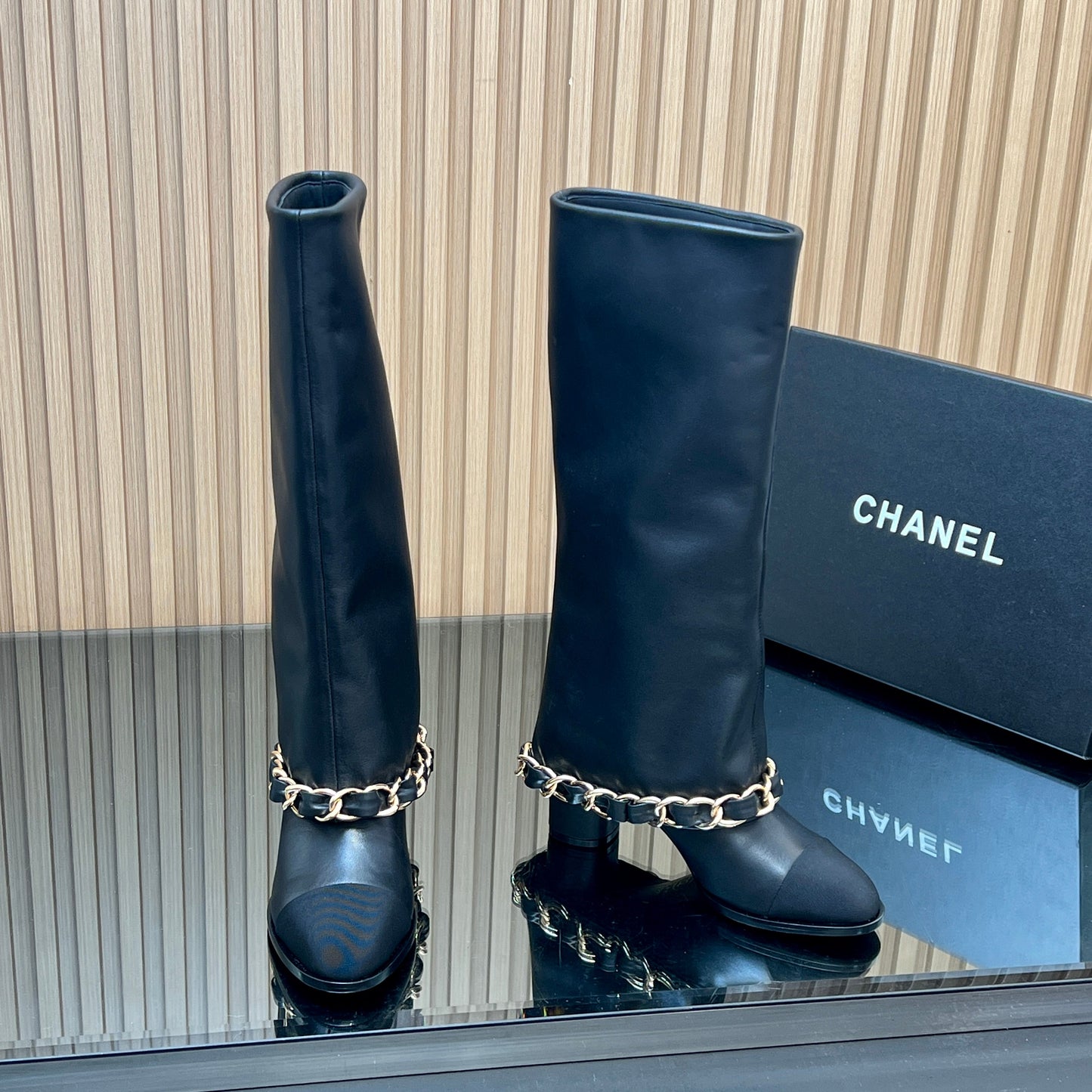 CHANEL 25S KNEE-HIGH HEELED BOOTS 65MM IN BLACK CALFSKIN GOLD HARDWRE - 35