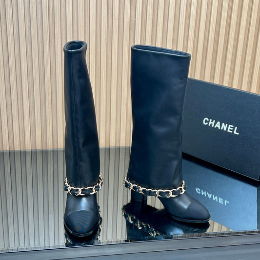 CHANEL 25S KNEE-HIGH HEELED BOOTS 65MM IN BLACK CALFSKIN GOLD HARDWRE - 35