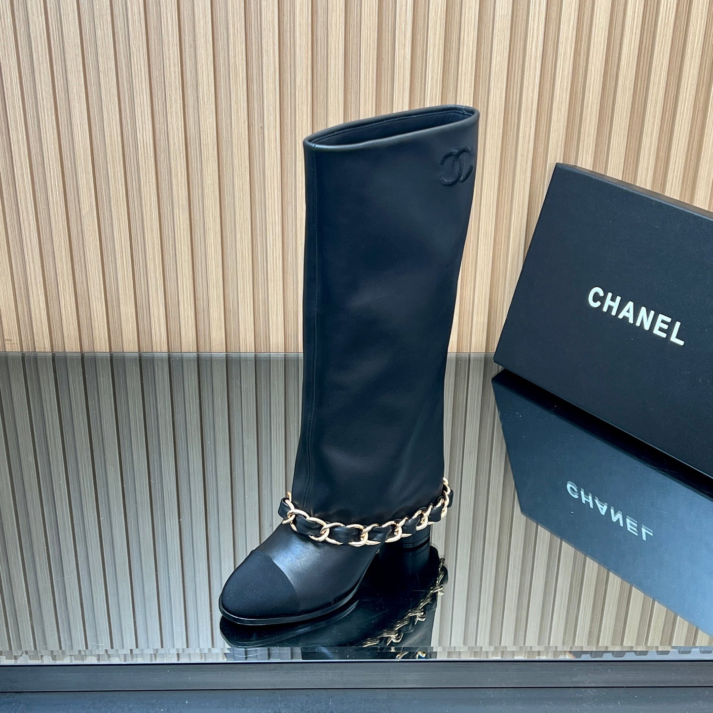 CHANEL 25S KNEE-HIGH HEELED BOOTS 65MM IN BLACK CALFSKIN GOLD HARDWRE - 35