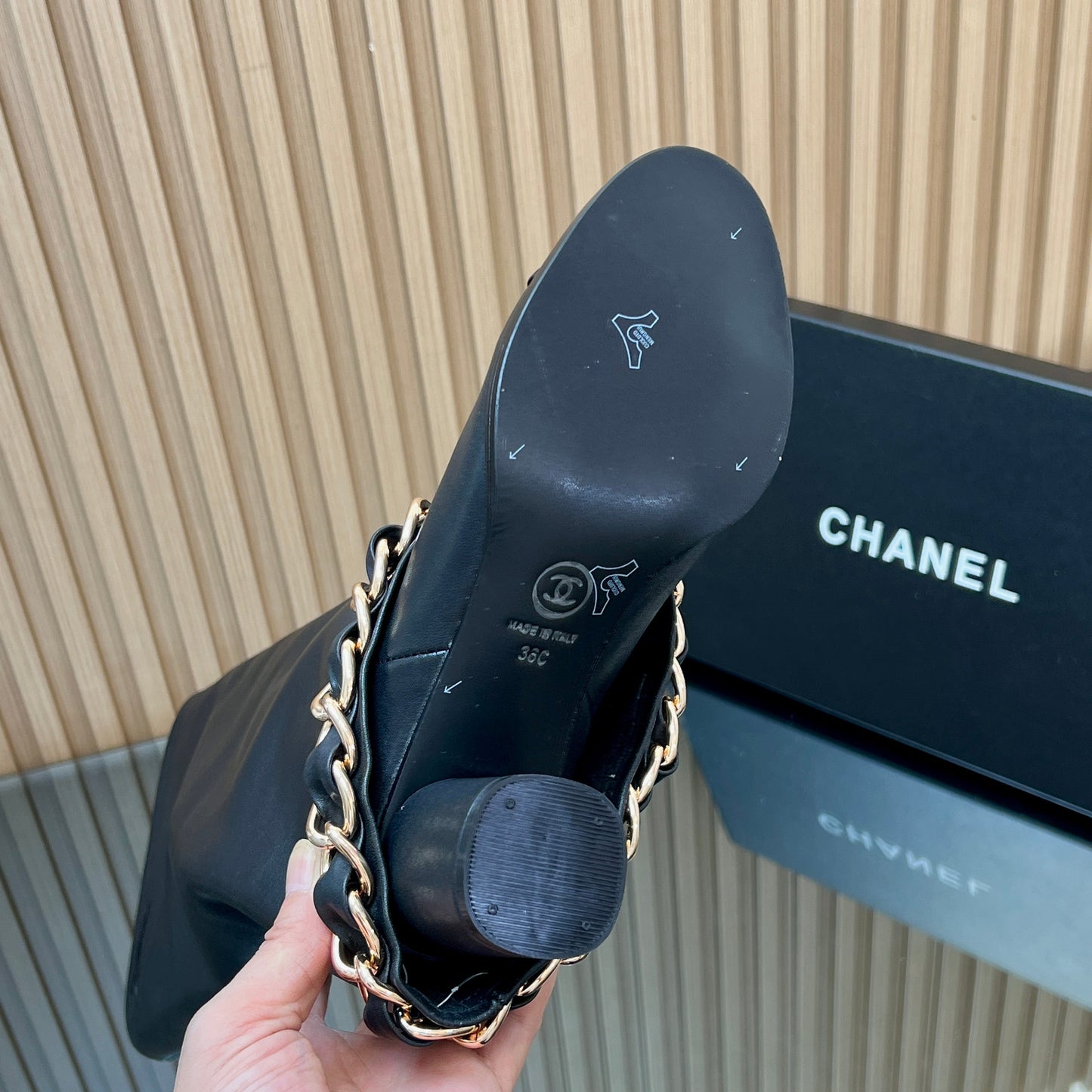 CHANEL 25S KNEE-HIGH HEELED BOOTS 65MM IN BLACK CALFSKIN GOLD HARDWRE - 35