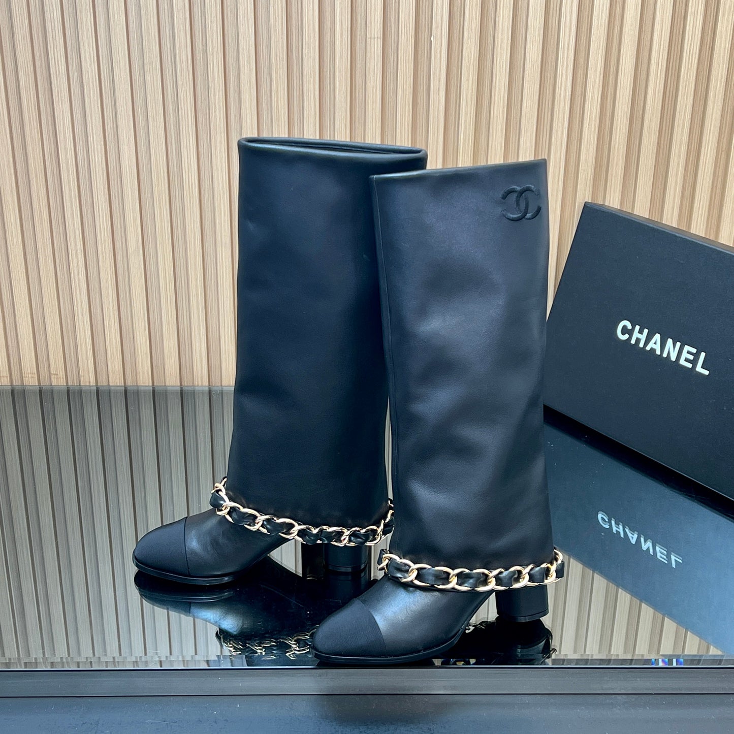 CHANEL 25S KNEE-HIGH HEELED BOOTS 65MM IN BLACK CALFSKIN GOLD HARDWRE - 35