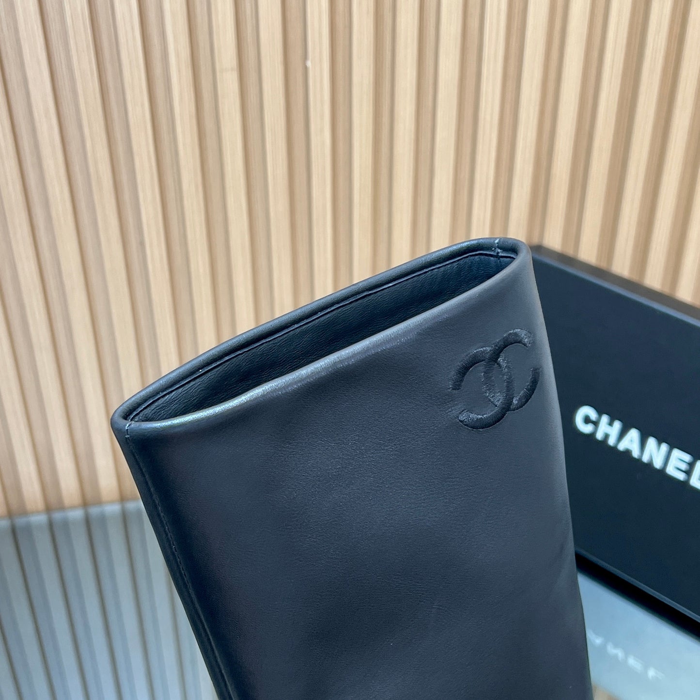 CHANEL 25S KNEE-HIGH HEELED BOOTS 65MM IN BLACK CALFSKIN GOLD HARDWRE - 35