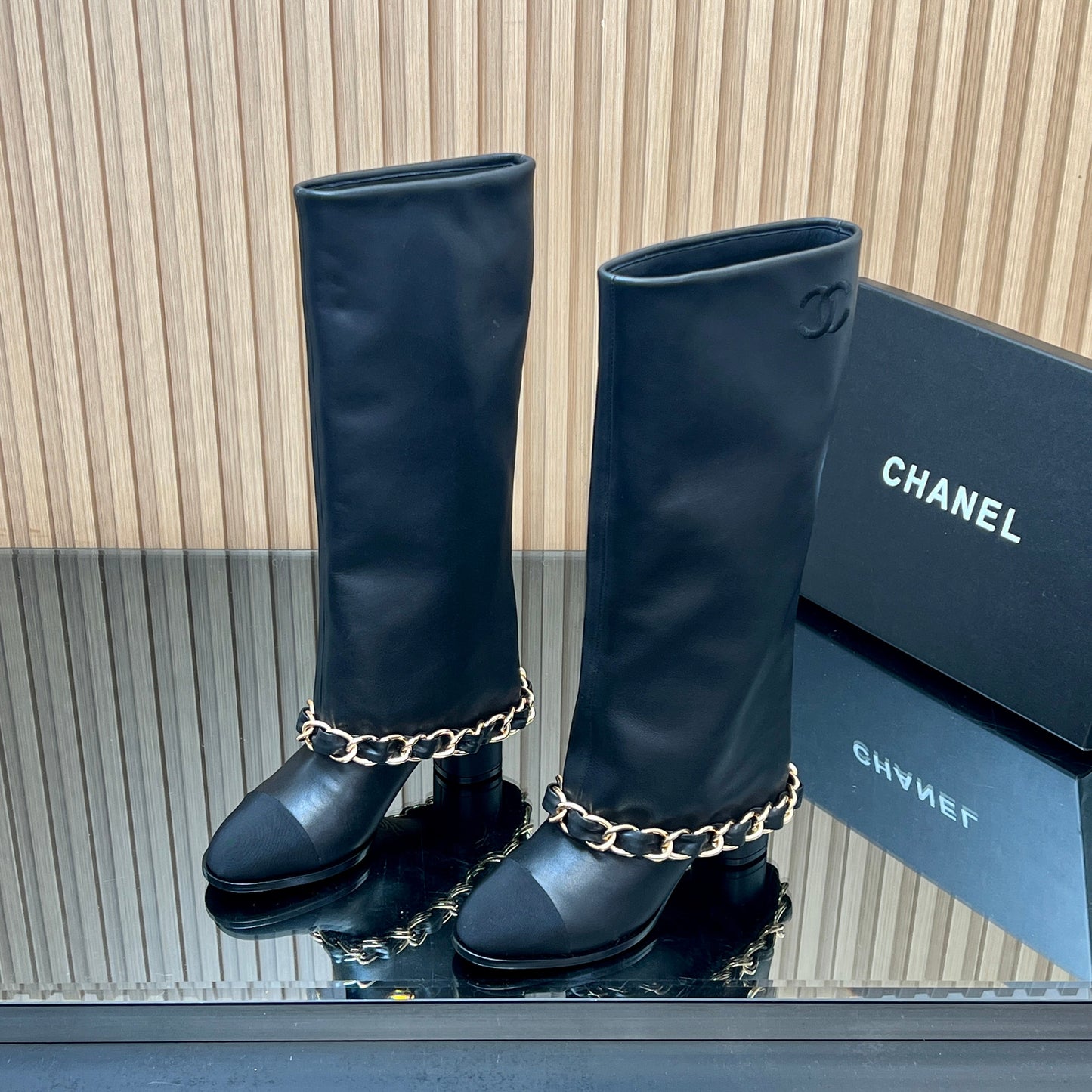 CHANEL 25S KNEE-HIGH HEELED BOOTS 65MM IN BLACK CALFSKIN GOLD HARDWRE - 35