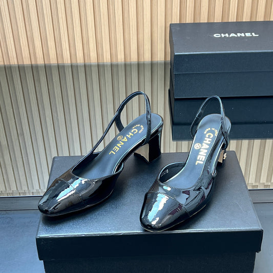 CHANEL 25S SLINGBACK SHOES IN BLACK GLOSSY CALFSKIN - 35