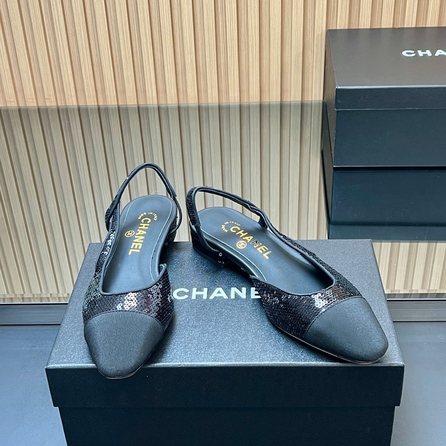 CHANEL 25S SLINGBACK SHOES IN BLACK EMBELLISHED WITH SPARKLES CANVAS - 35
