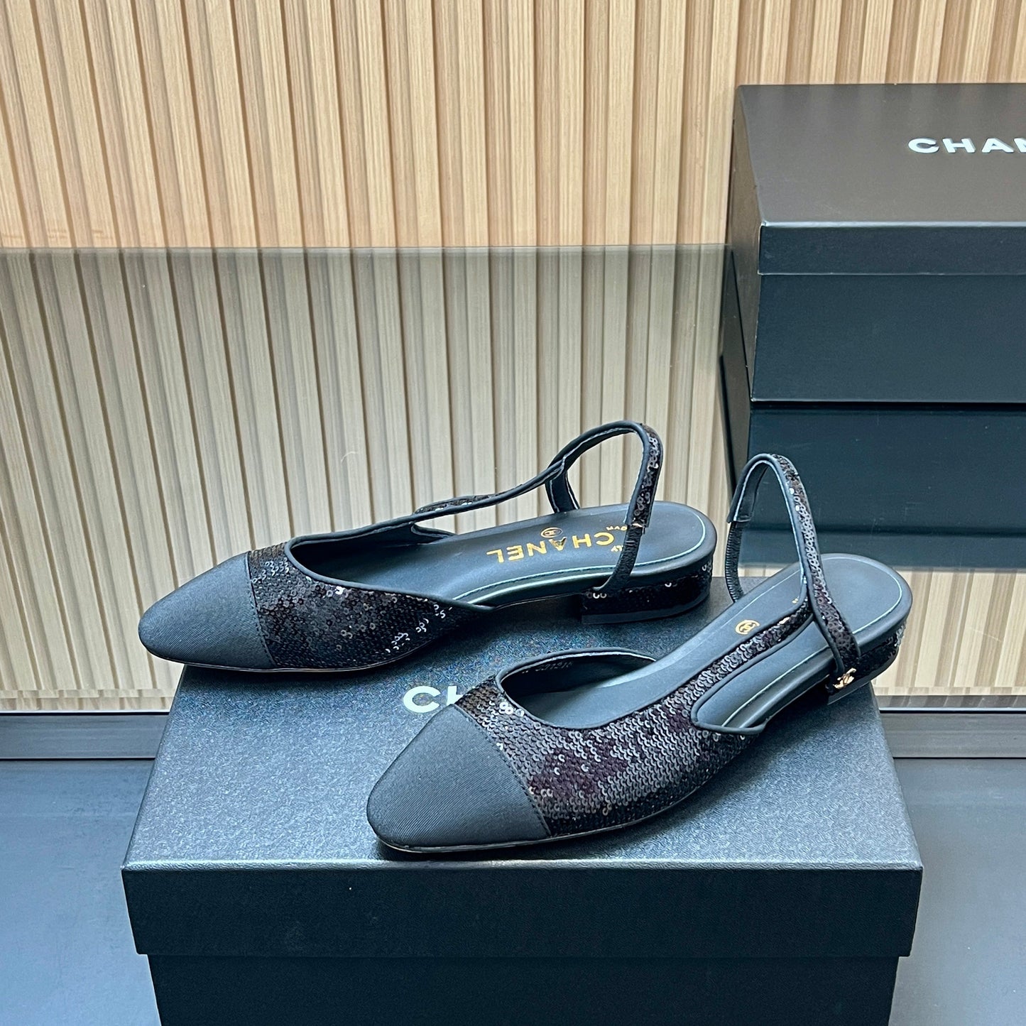 CHANEL 25S SLINGBACK SHOES IN BLACK EMBELLISHED WITH SPARKLES CANVAS - 35