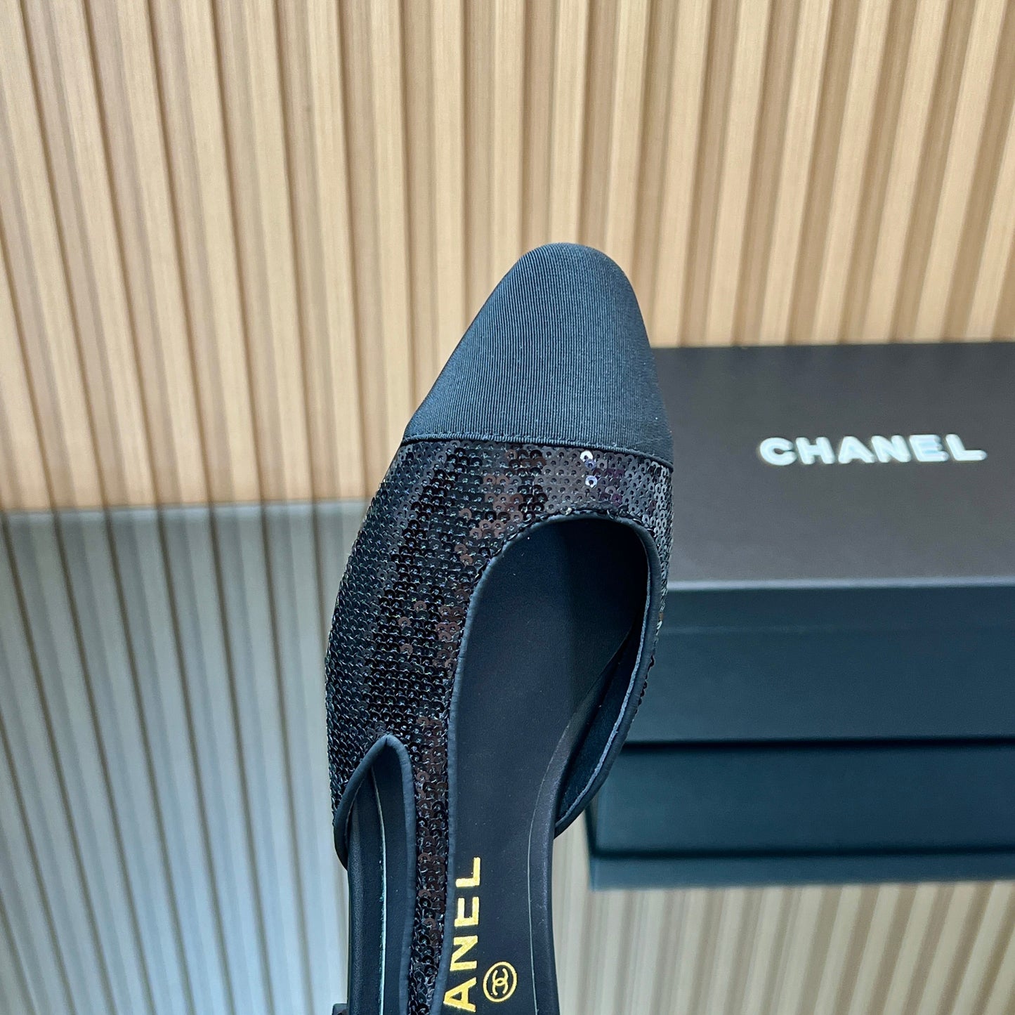 CHANEL 25S SLINGBACK SHOES IN BLACK EMBELLISHED WITH SPARKLES CANVAS - 35