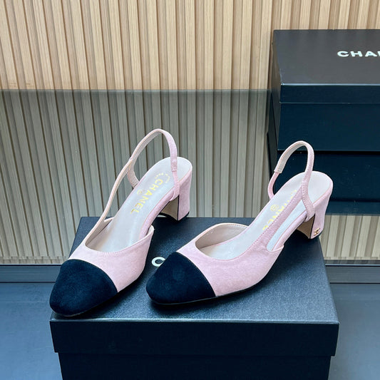 CHANEL 25S SLINGBACK SHOES IN PINK BABY AND BLACK SUEDE - 35