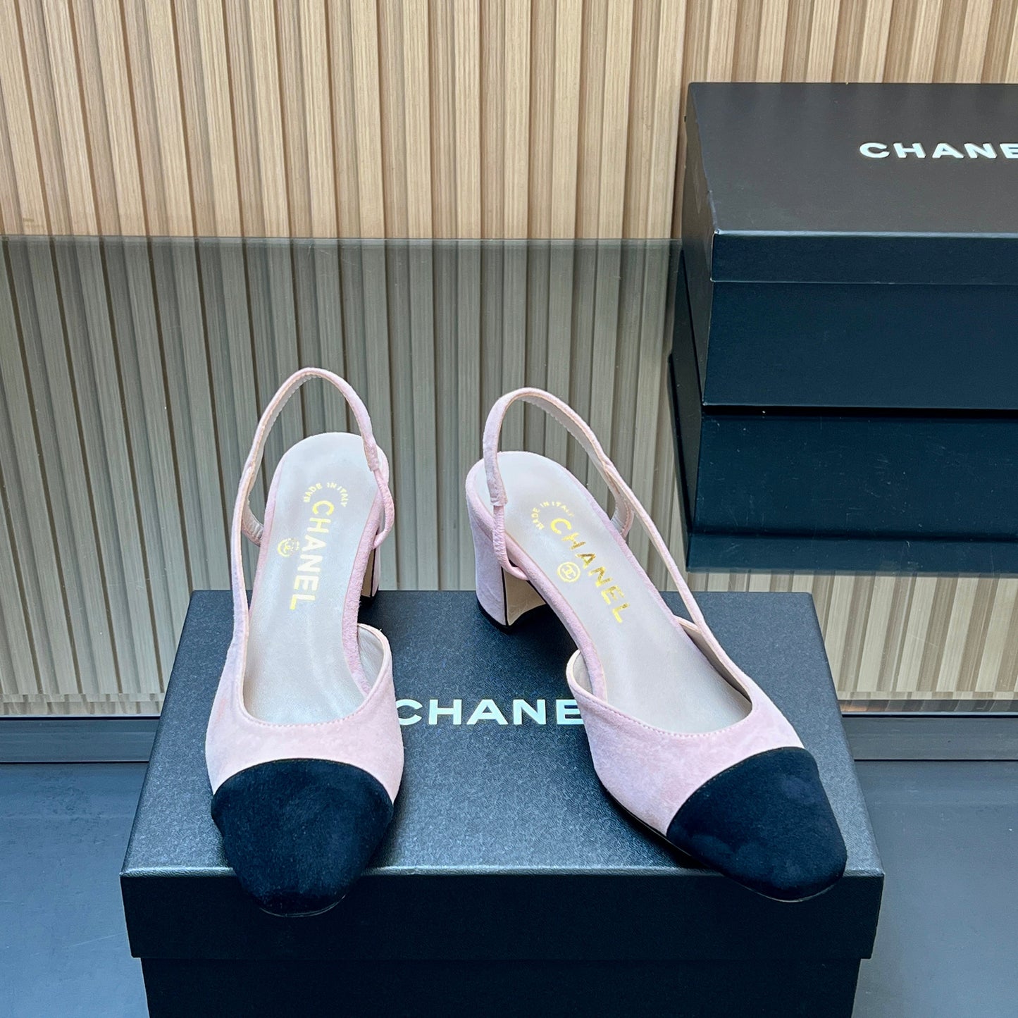 CHANEL 25S SLINGBACK SHOES IN PINK BABY AND BLACK SUEDE - 35