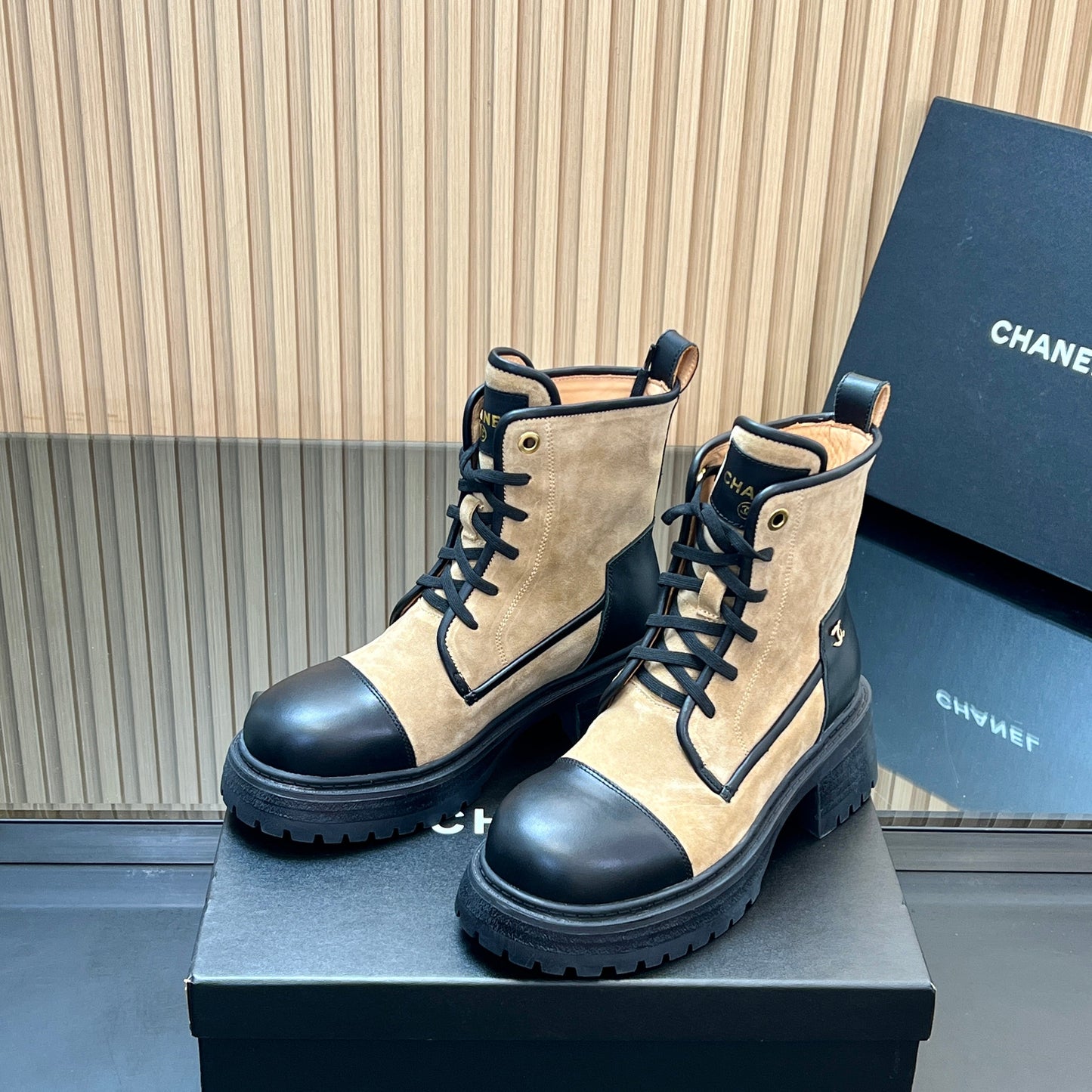 CHANEL 25S LACE-UP ANKLE BOOTS IN BROWN BLACK SUEDE AND CALFSKIN - 35