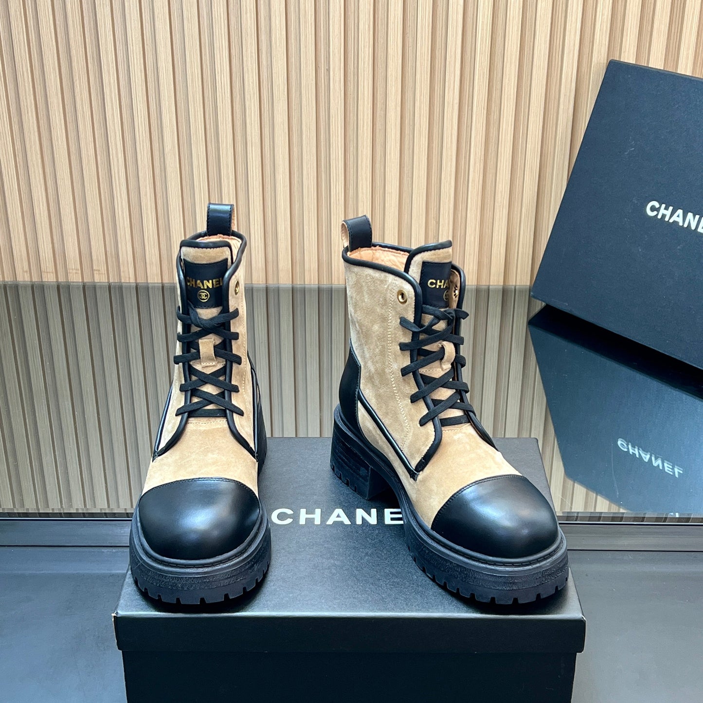 CHANEL 25S LACE-UP ANKLE BOOTS IN BROWN BLACK SUEDE AND CALFSKIN - 35