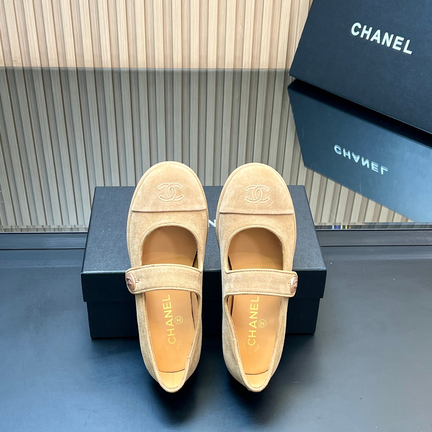 CHANEL 25S DOUBLE-STRAP MARY JANE SHOES IN LIGHT BROWN SUEDE - 35
