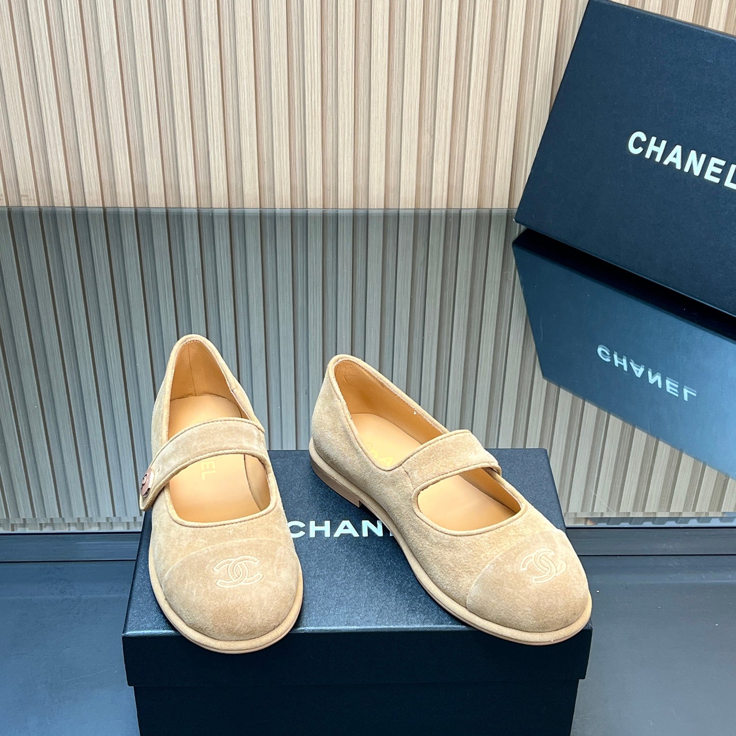 CHANEL 25S DOUBLE-STRAP MARY JANE SHOES IN LIGHT BROWN SUEDE - 35